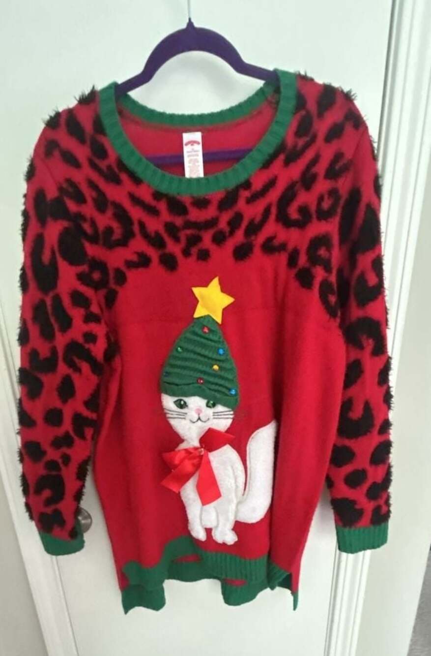 Holiday Time Women's Plus Size 1X Leopard Print 3D Cat ugly Christmas Sweater